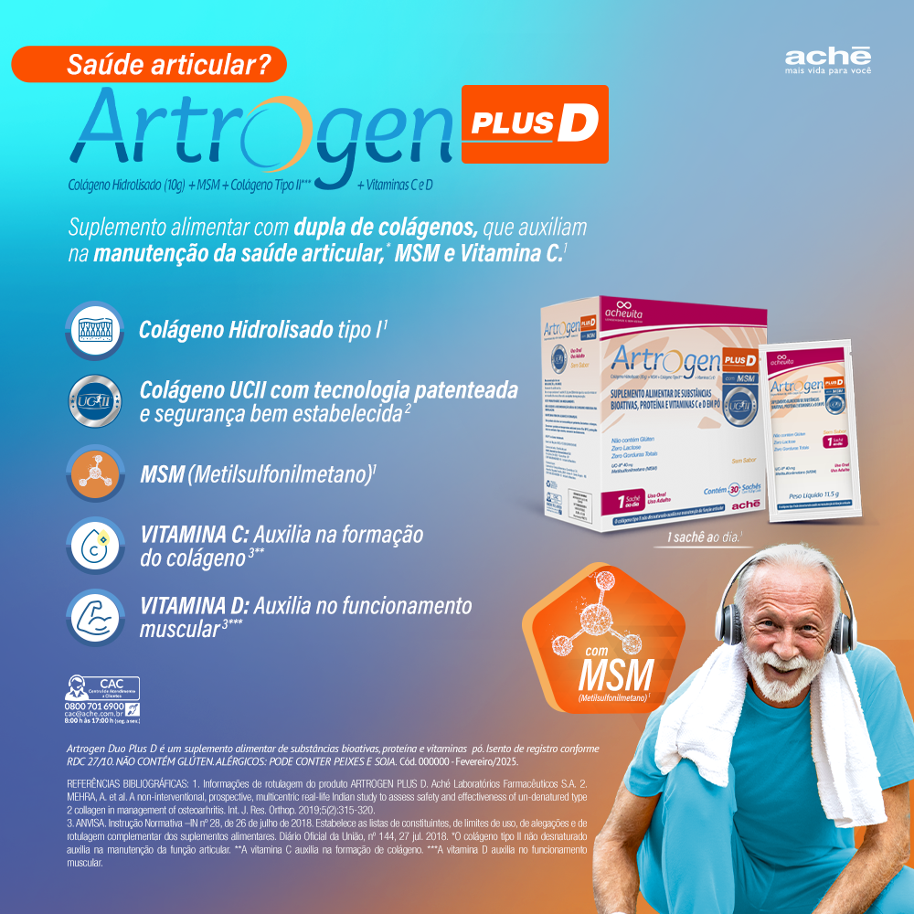 Artrogen Plus D Colágeno + MSM 30 sachês